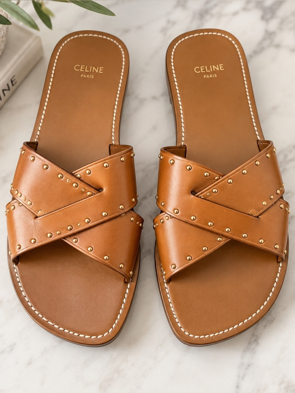 CELINE Tan Leather Stud-Trim Slide Sandals